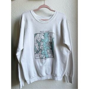 Vintage 1983 White Puget Sound Poulsbo Seattle Map Crewneck Sweatshirt XL